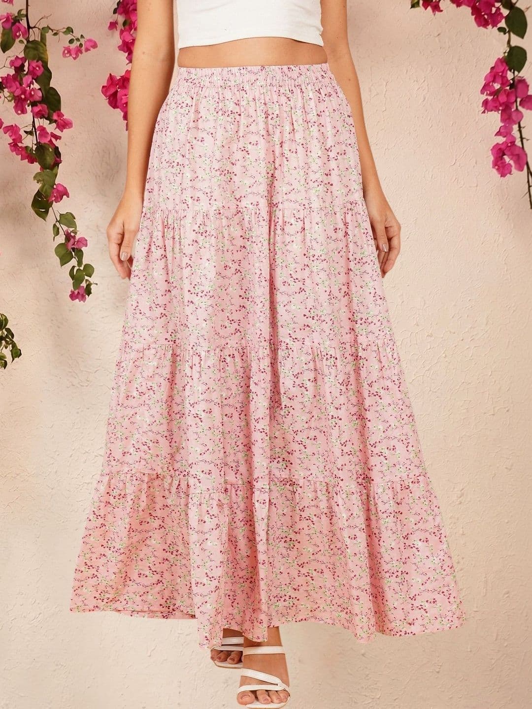 Ethic Glance Women Pure Cotton Cotton Cambric Floral Micro or Ditsy Print Maxi Tiered Skirt - view 1