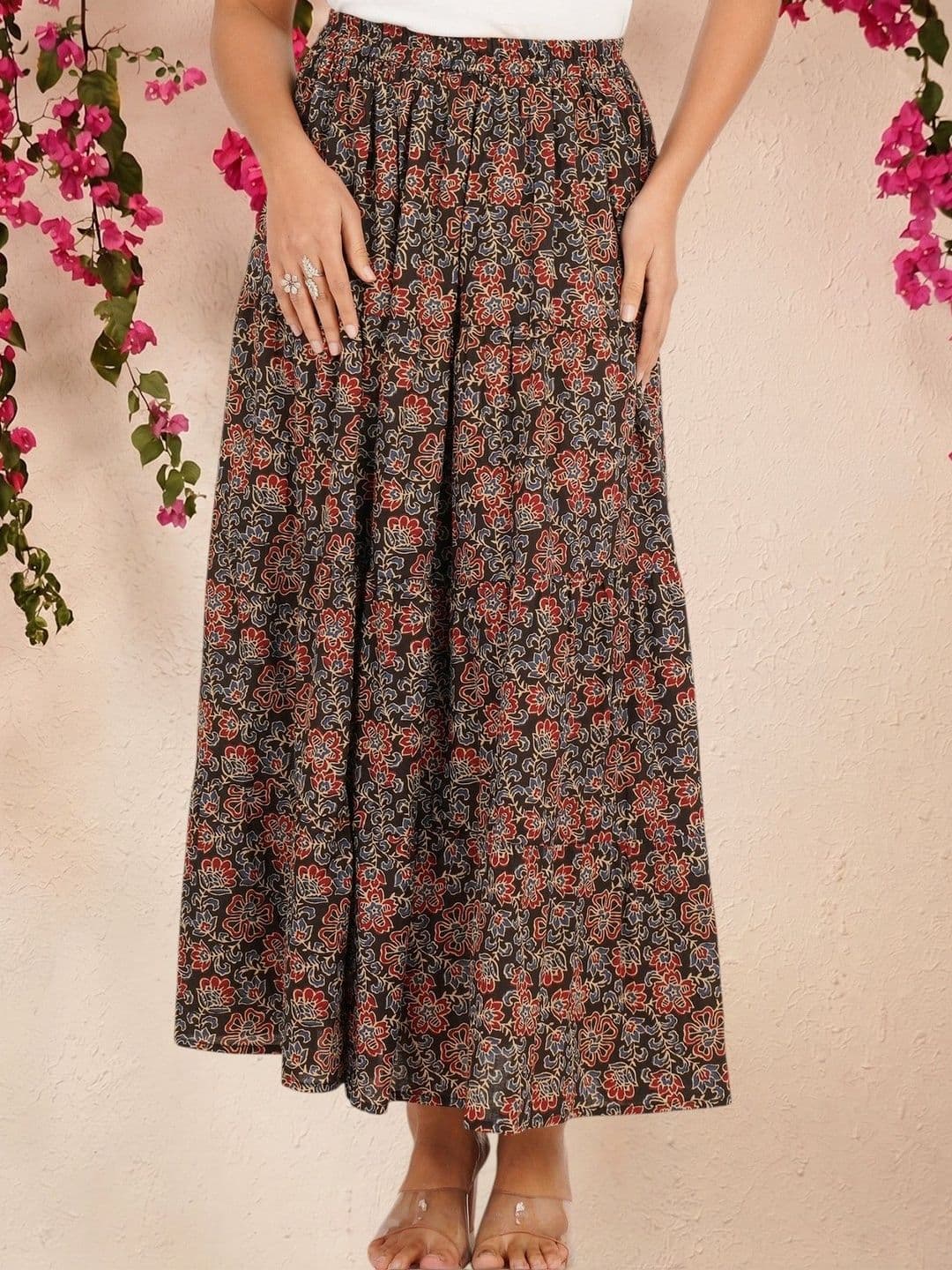 Ethic Glance Women Pure Cotton Floral Maxi Tiered Skirt - view 1