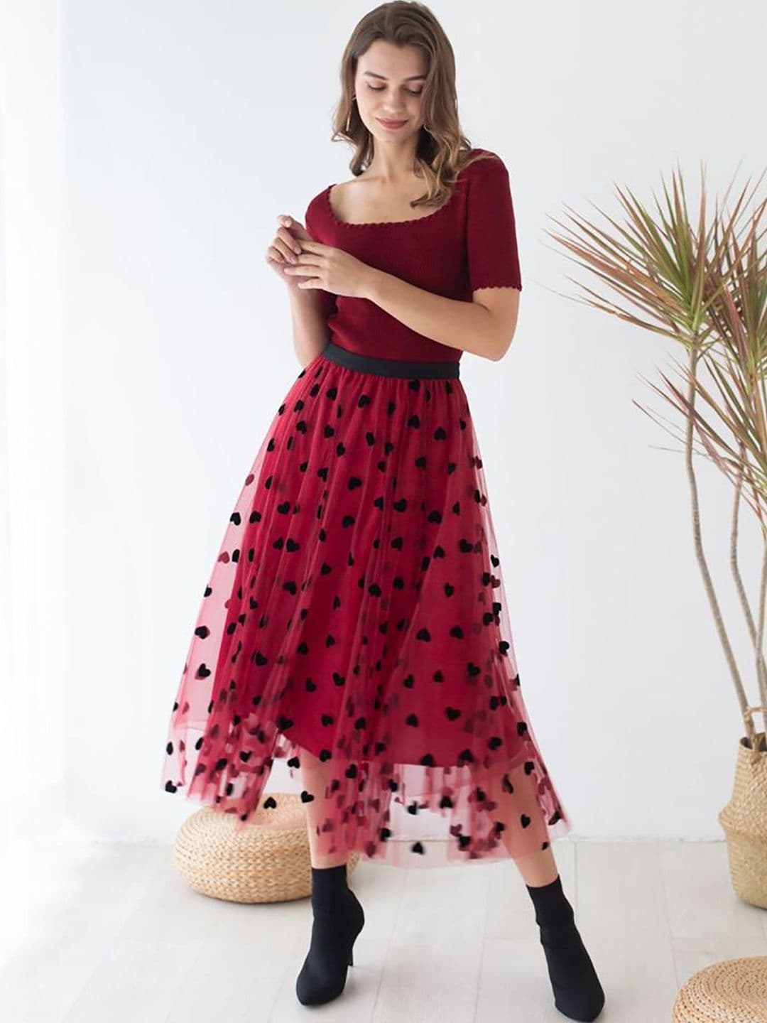 3BUDDY FASHION Women Net Floral Frills Bows and Ruffles Midi A-Line Skirt - view 1