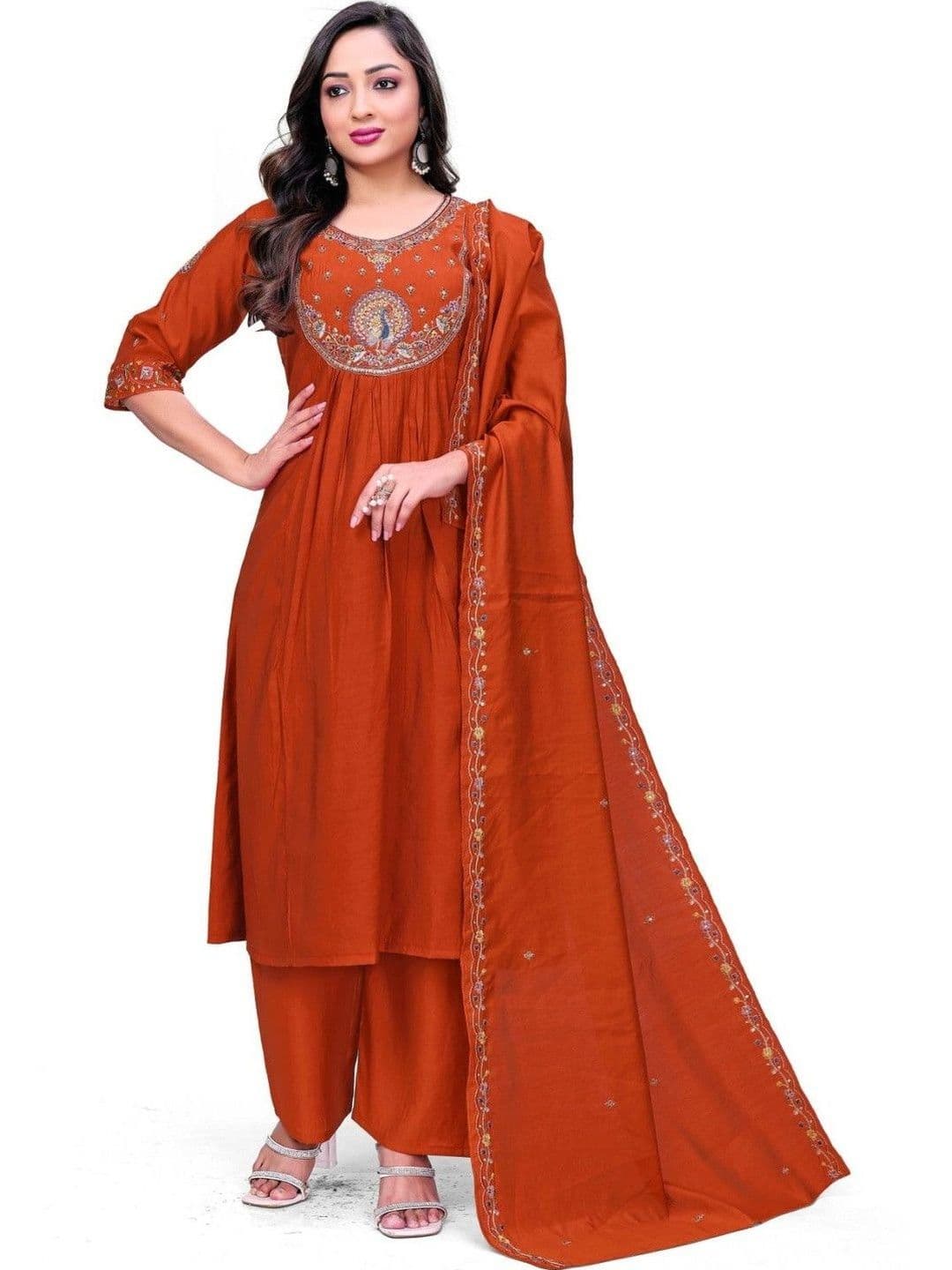 Sangria Women Ethnic Motifs Embroidered Pleated Thread Work Kurta with Palazzos & With Dupatta - view 1