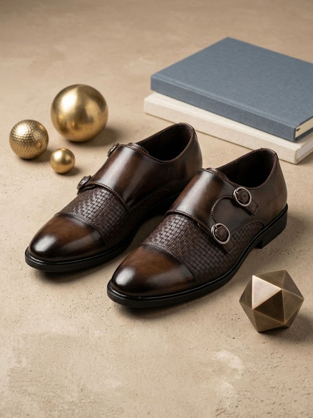 House of Pataudi Men Textured Pointed Toe Buckle Monk Shoes Formal Shoes - view 1