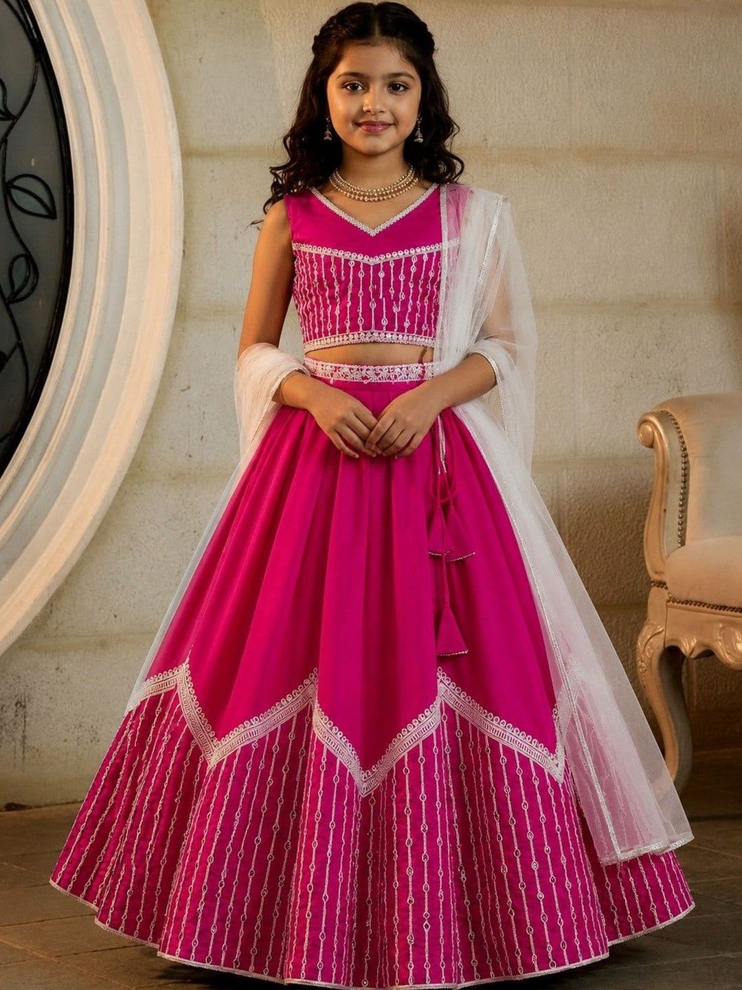 Helene Girls Embellished Thread Work Semi-Stitched Lehenga & Blouse With Dupatta - view 1