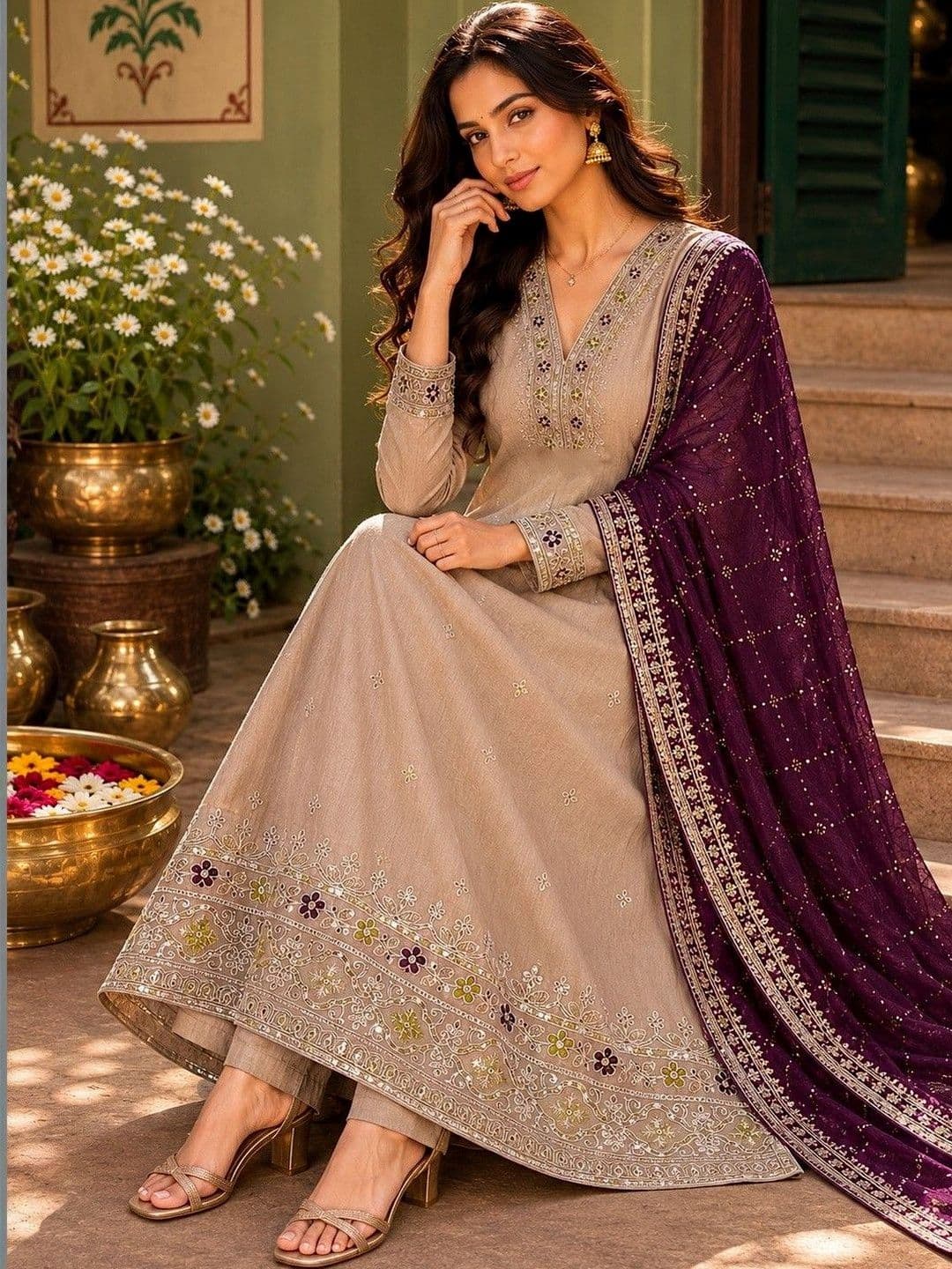 SOURAGYA Ethnic Motifs Embroidered Regular Chanderi Silk Kurta with Trousers With Dupatta - view 1