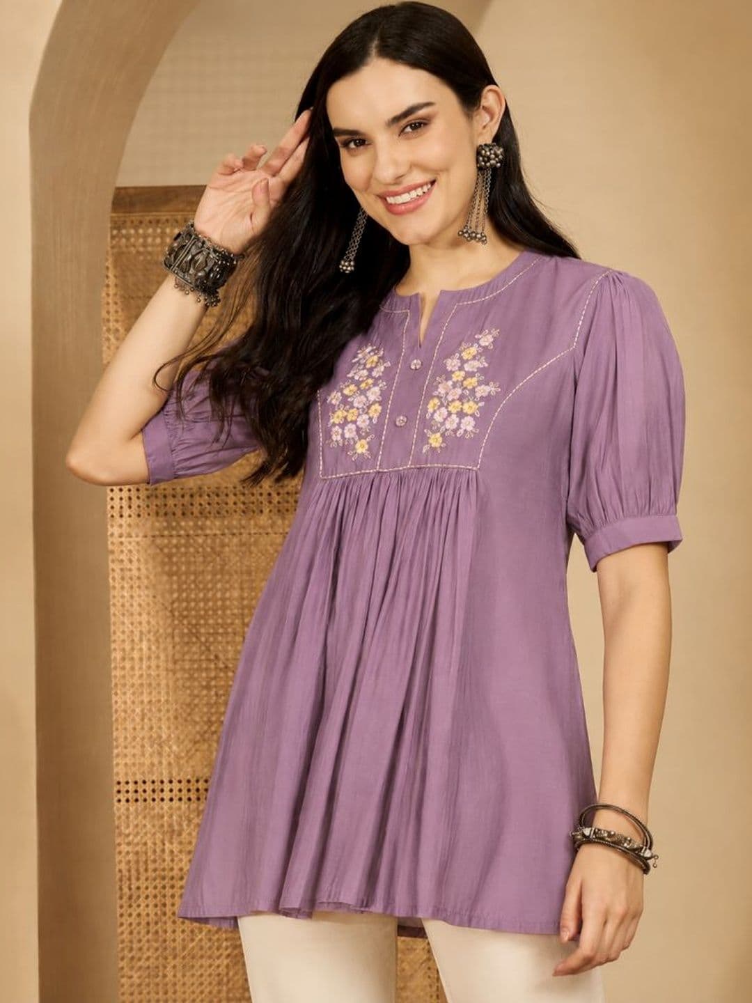 Sangria Floral Embroidered Thread Work Empire Kurti - view 1