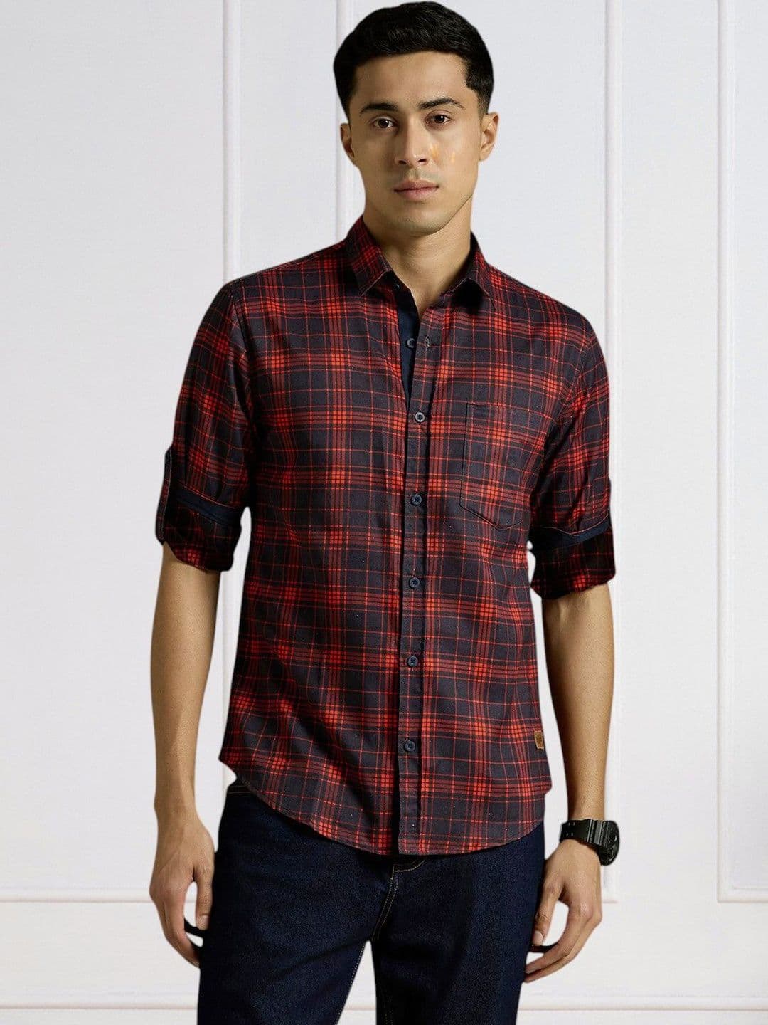 The Roadster Lifestyle Co Checked Pure Cotton Spread Collar Shirt - view 1