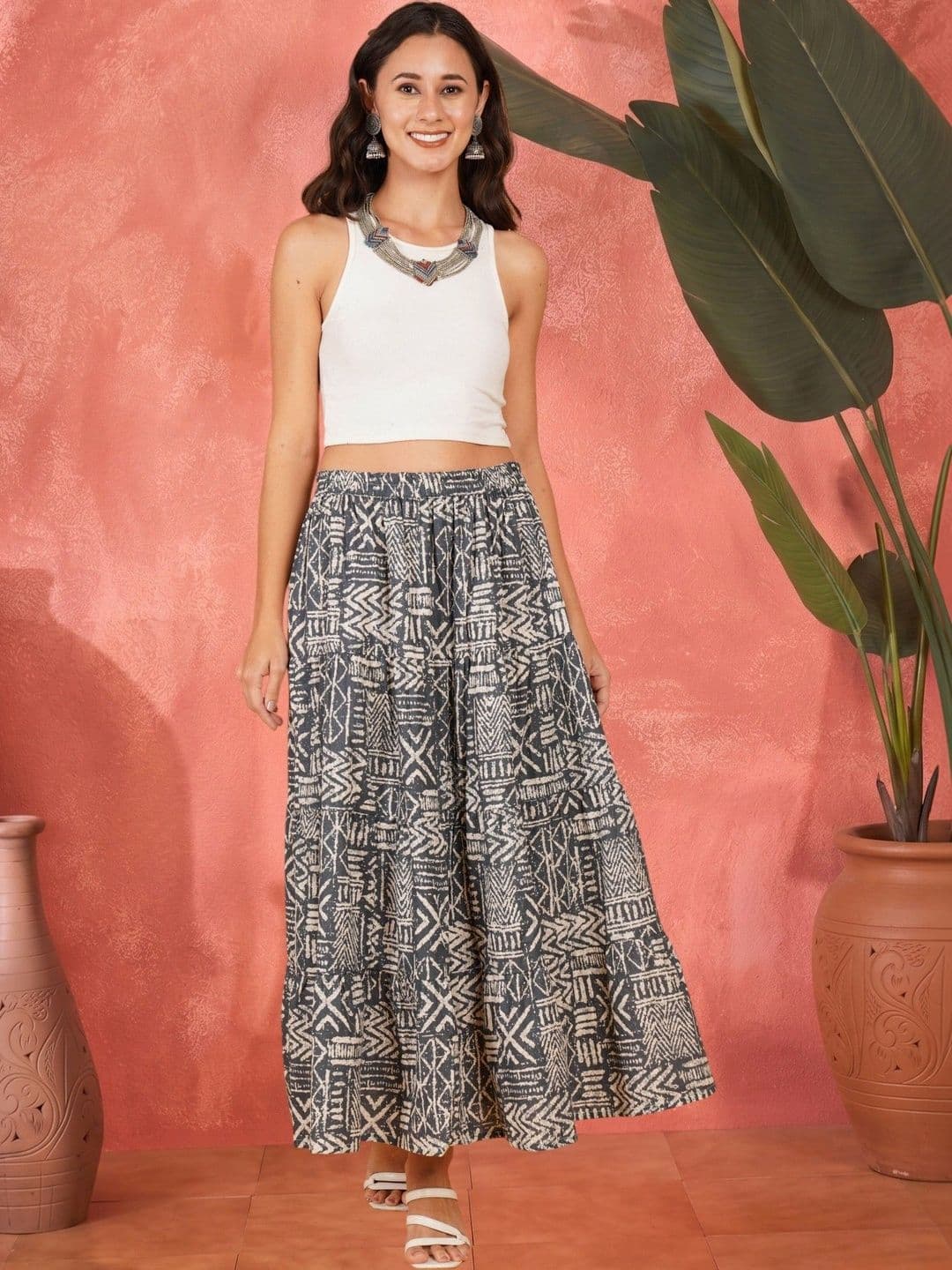 Sangria Women Pure Cotton Cotton Cambric Abstract Maxi A-Line Skirt - view 1