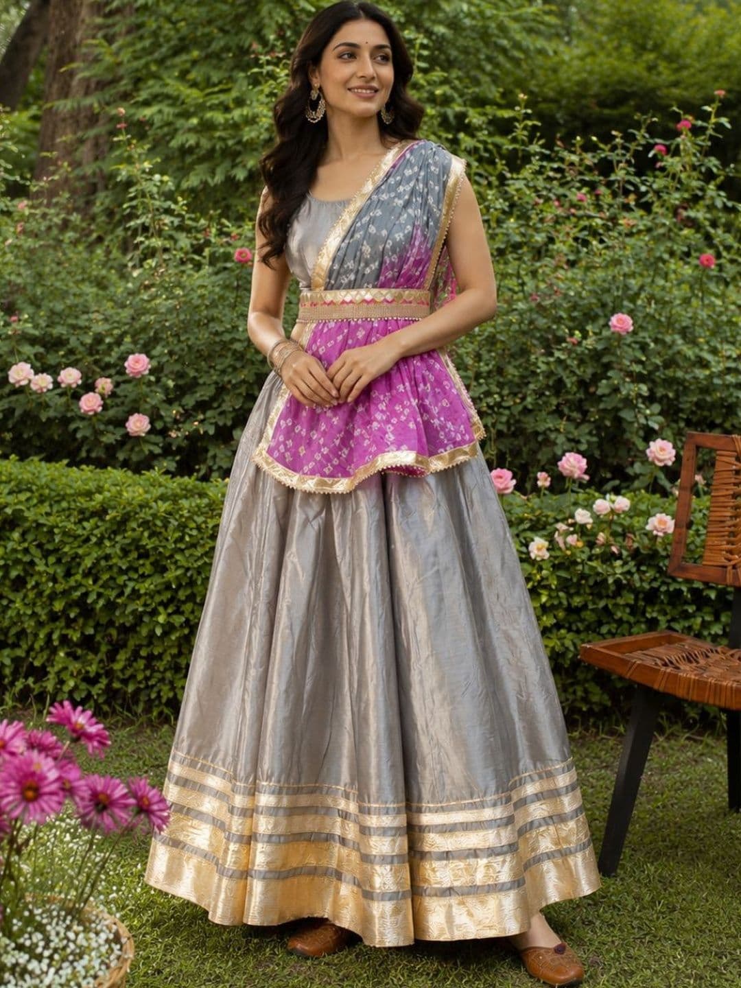 Geroo Jaipur Grey & Pink Embellished Ready to Wear Lehenga & Unstitched Blouse With Dupatta - view 1
