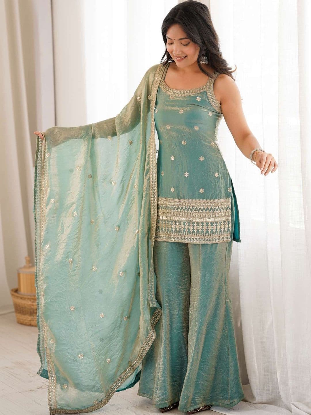VEXORANTY Women Ethnic Motifs Embroidered Regular Sequinned Kurta with Sharara & With Dupatta - view 1