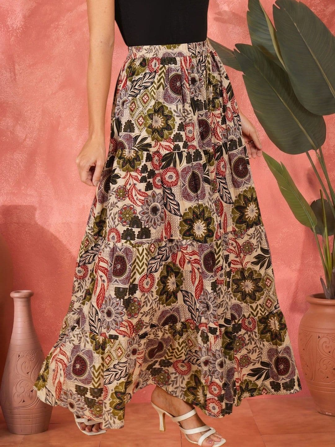 Sangria Women Pure Cotton Floral Maxi Tiered Skirt - view 1