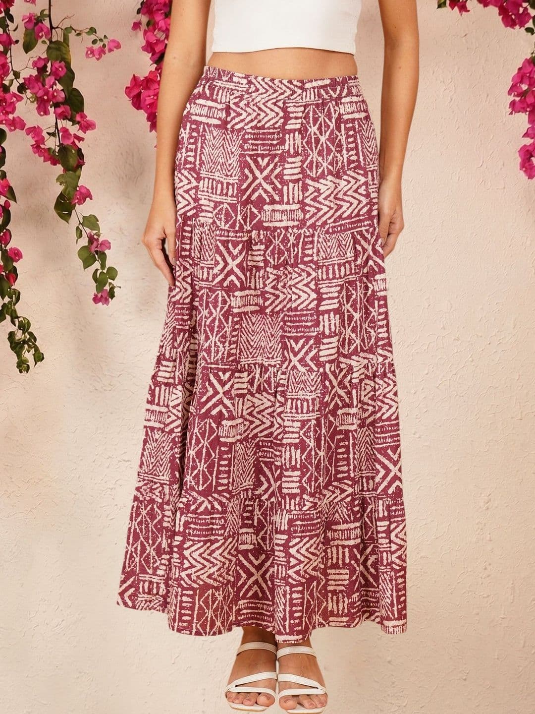 Ethic Glance Women Pure Cotton Geometric Maxi Tiered Skirt - view 1