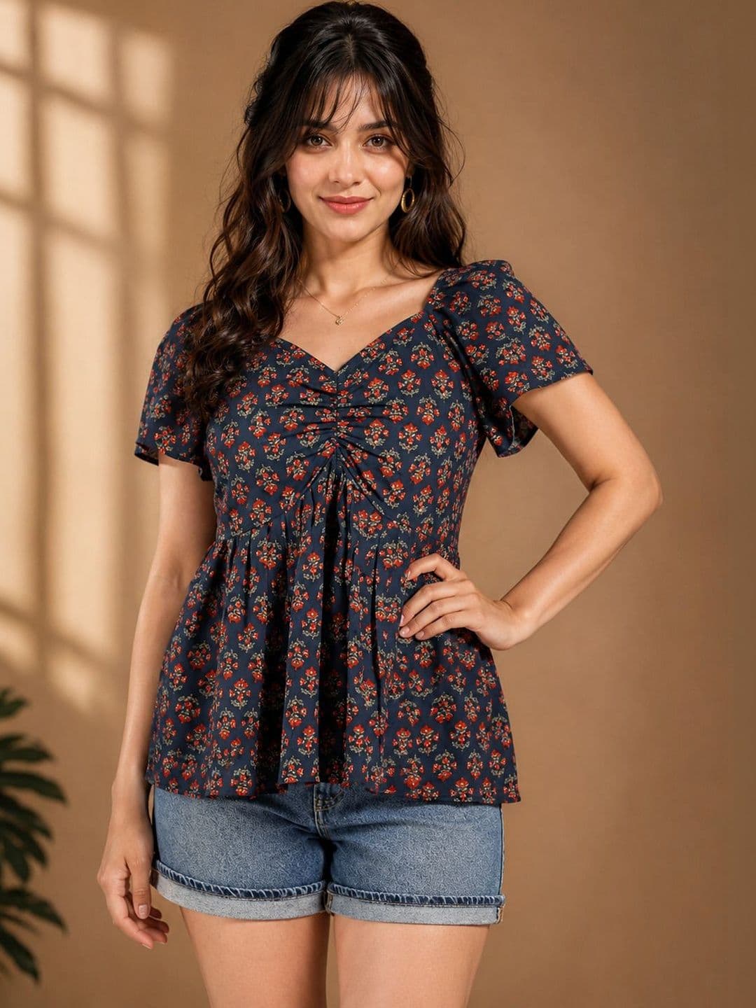 SZN Floral Print Sweetheart Neck Flutter Sleeve Cotton Peplum Top - view 1