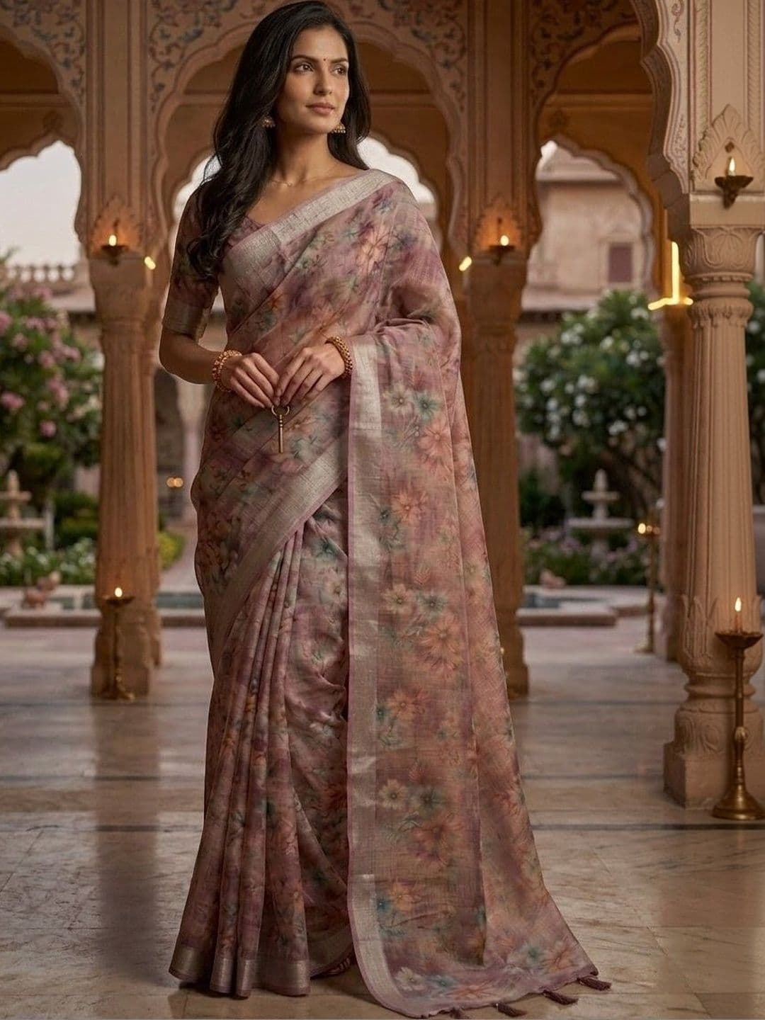 HERE&NOW Floral Cotton Blend Bhagalpuri Saree - view 1
