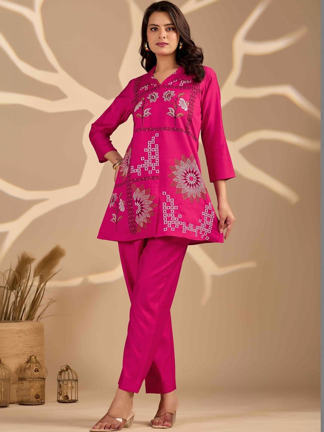 Sangria Floral Embroidered Tunic with Trousers - view 1