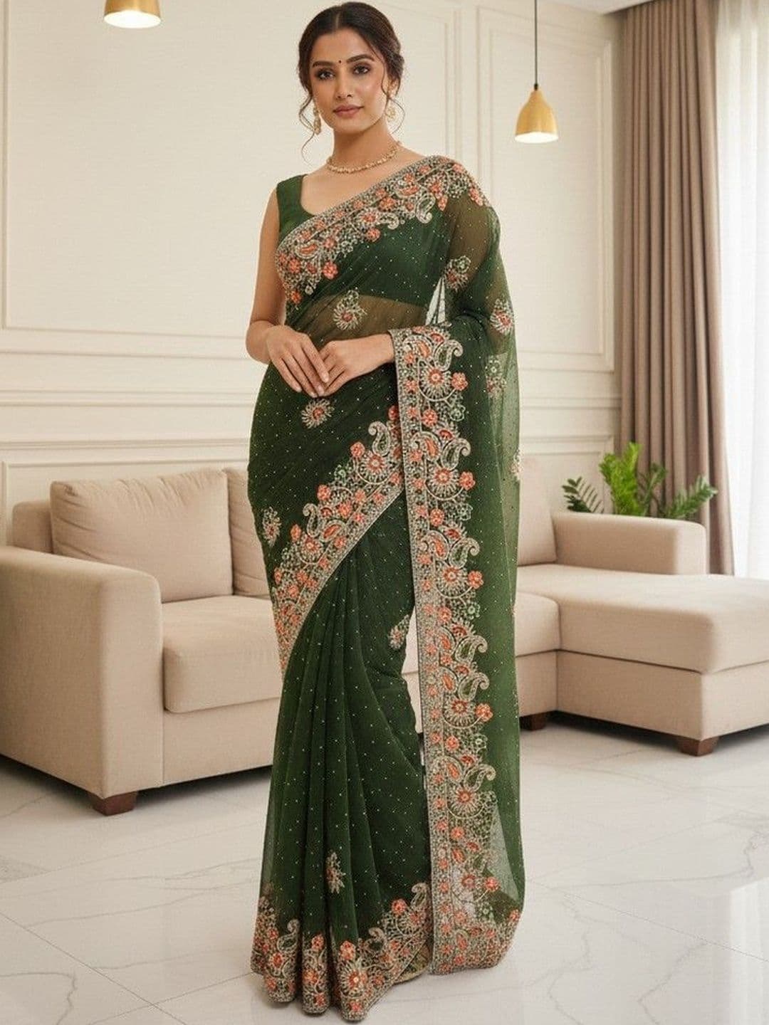 Sangria Ethnic Motifs Embroidered Organza Heavy Work Saree - view 1