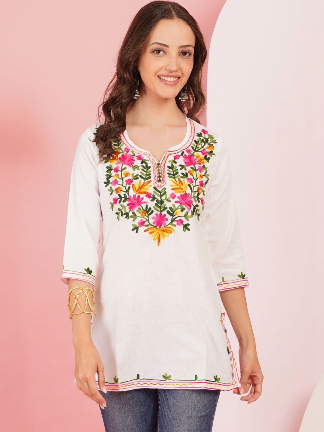 Sangria Floral Embroidered Thread Work Pure Cotton Blend Thread Work Kurti - view 1