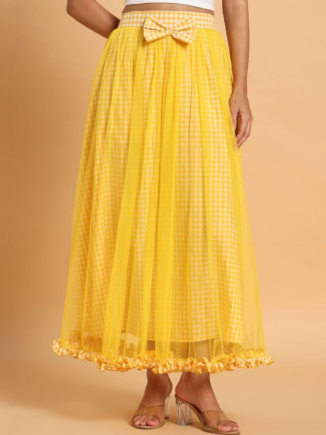 Frolic Rolic Women Cotton Net Checked Frills Bows and Ruffles Maxi Flared Skirt - view 1
