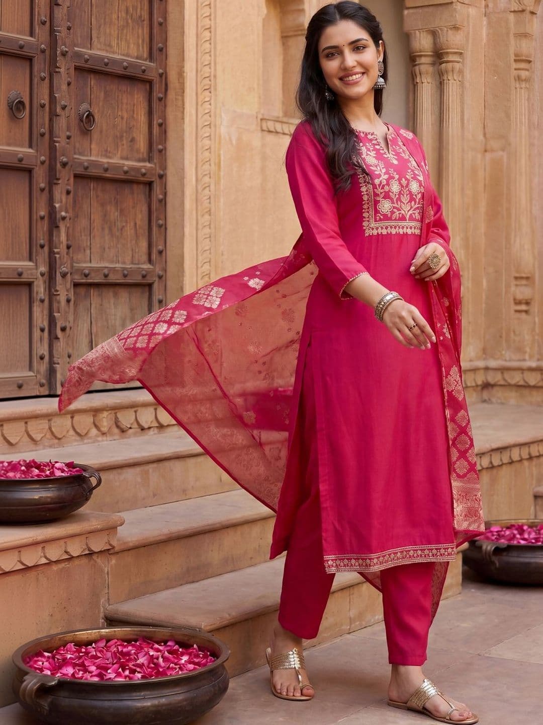 Indo Era Women Ethnic Motifs Embroidered Regular Thread Work Kurta with Trousers & With Dupatta - view 1