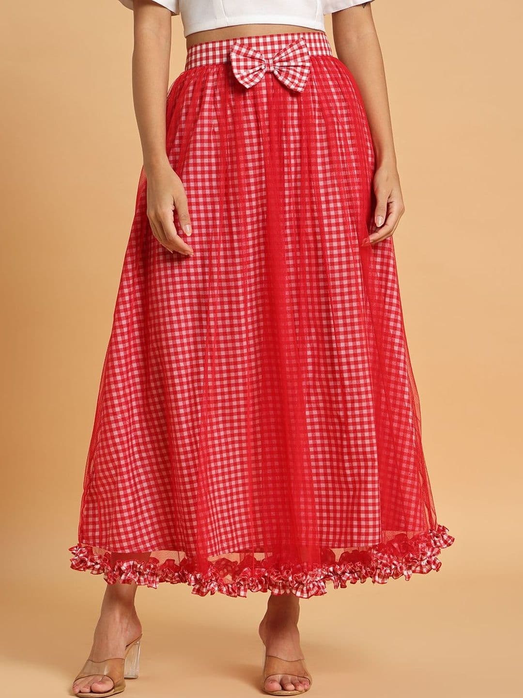 Frolic Rolic Women Cotton Net Checked Tiered Midi A-Line Skirt - view 1