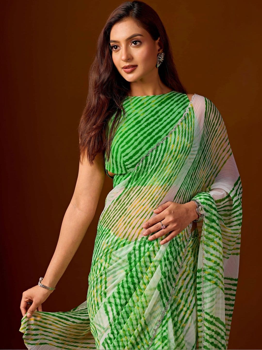 KIYAA FASHION Leheriya Beads and Stones Pure Chiffon Saree - view 1