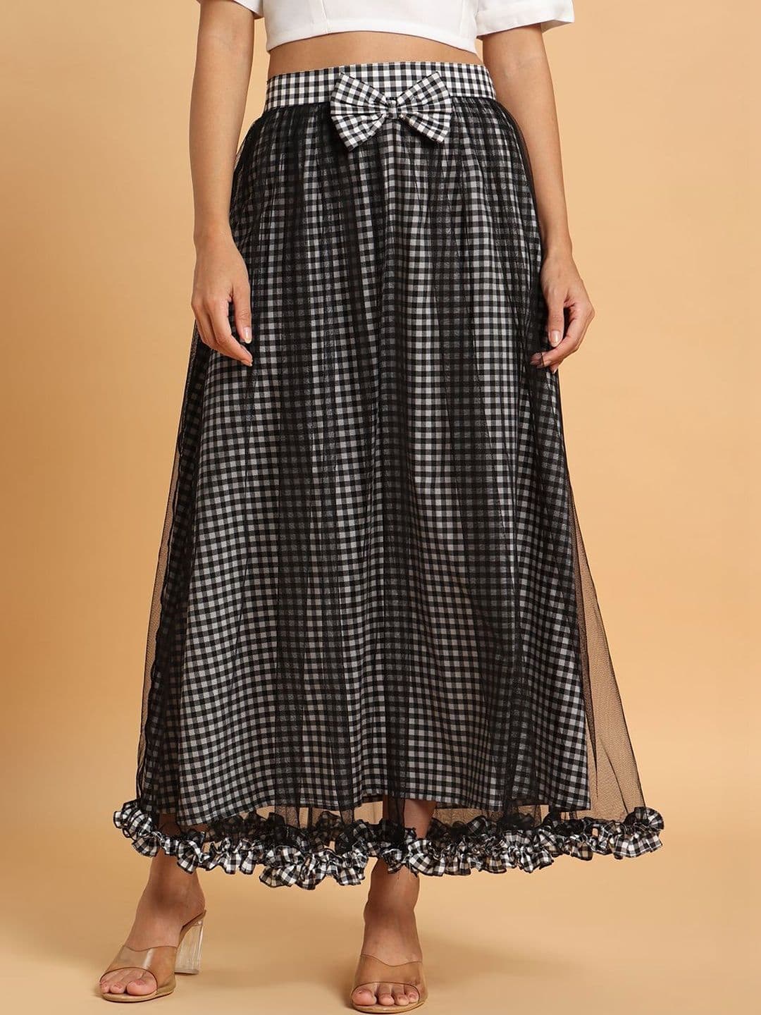 Frolic Rolic Women Cotton Net Checked Tiered Maxi A-Line Skirt - view 1