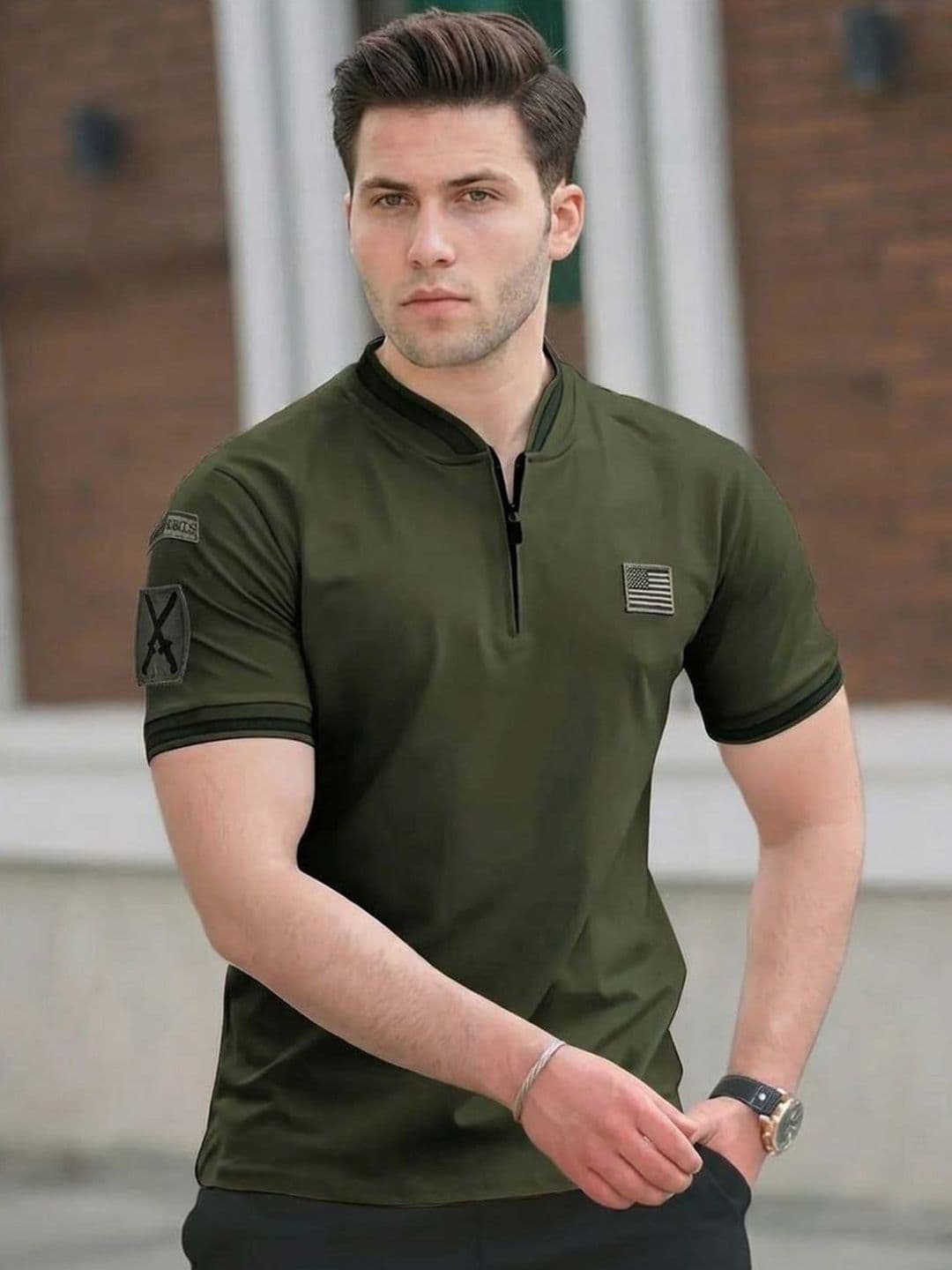 Moda Rapido Men Brand Logo Mandarin Collar Pockets T-shirt - view 1