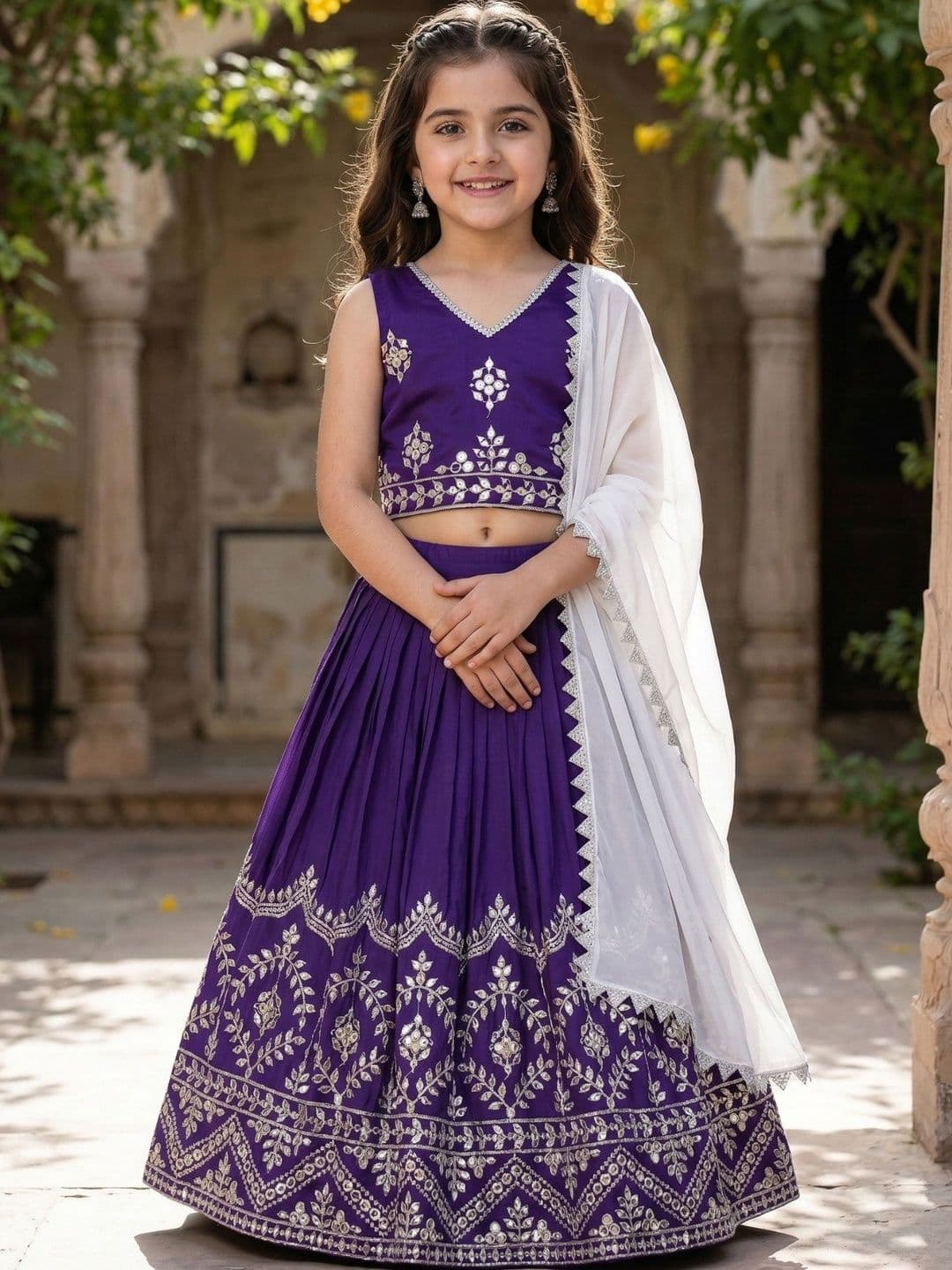 KALINI Girls Embellished Mirror Work Ready to Wear Lehenga & Blouse With Dupatta - view 1