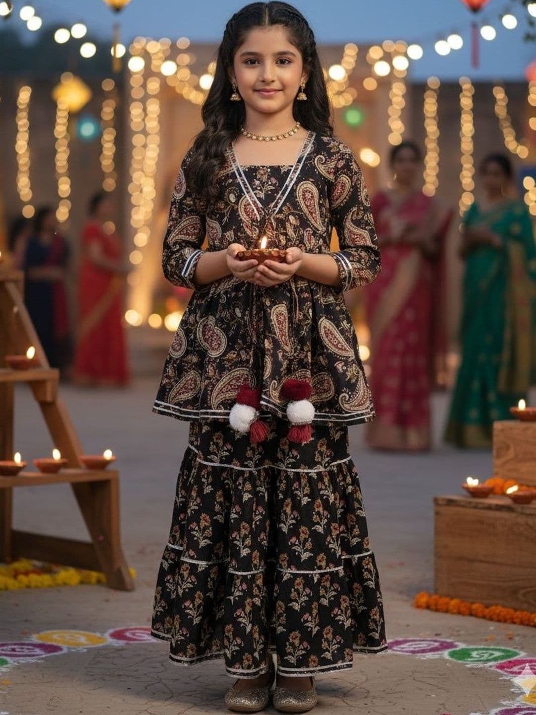 Rangi Saga Girls Printed Thread Work Block Print Ready to Wear Lehenga & - view 1