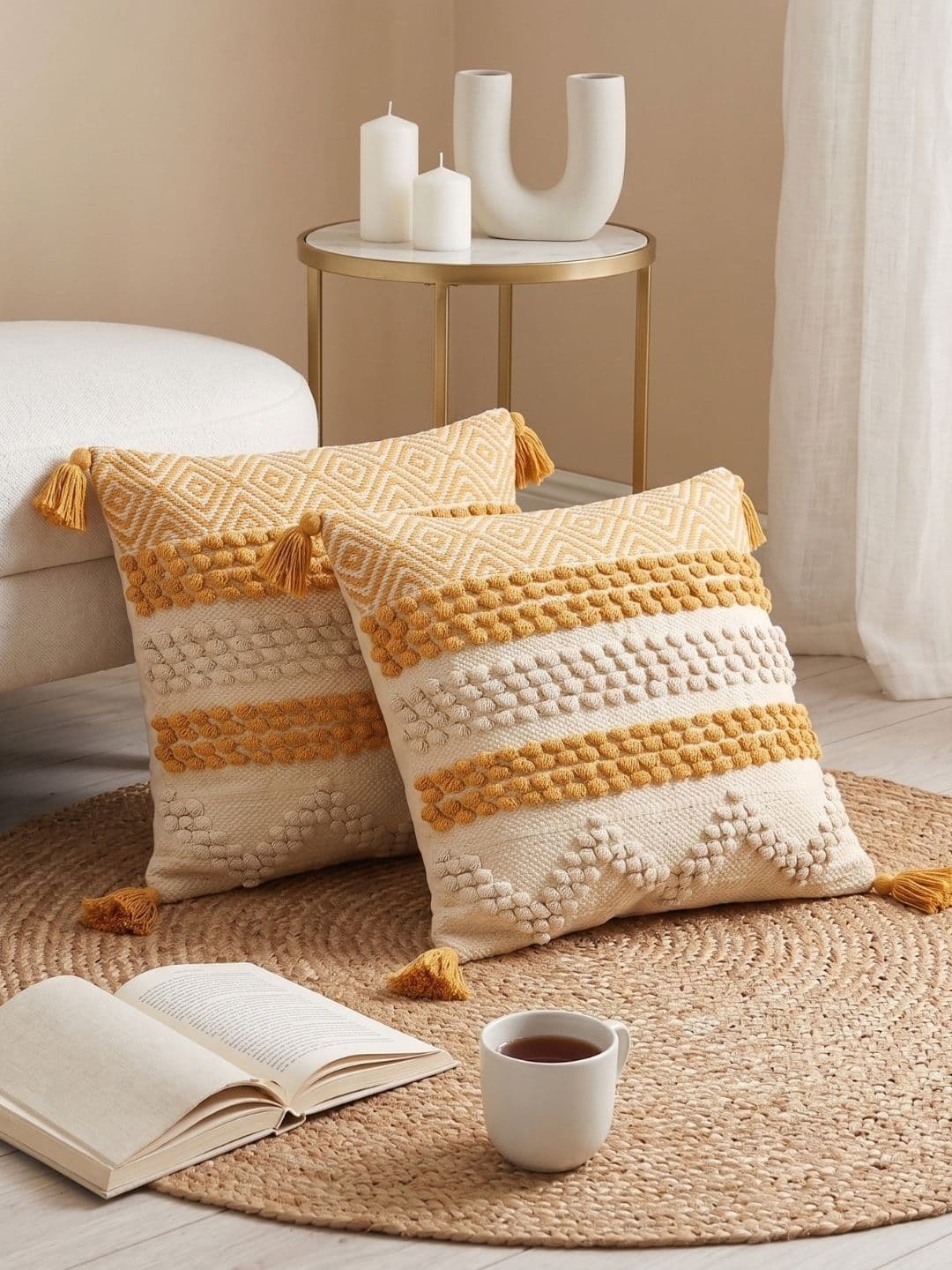 WEAVERS HUT Yellow & White Set of 2 Geometric Square Cushion Covers - view 1