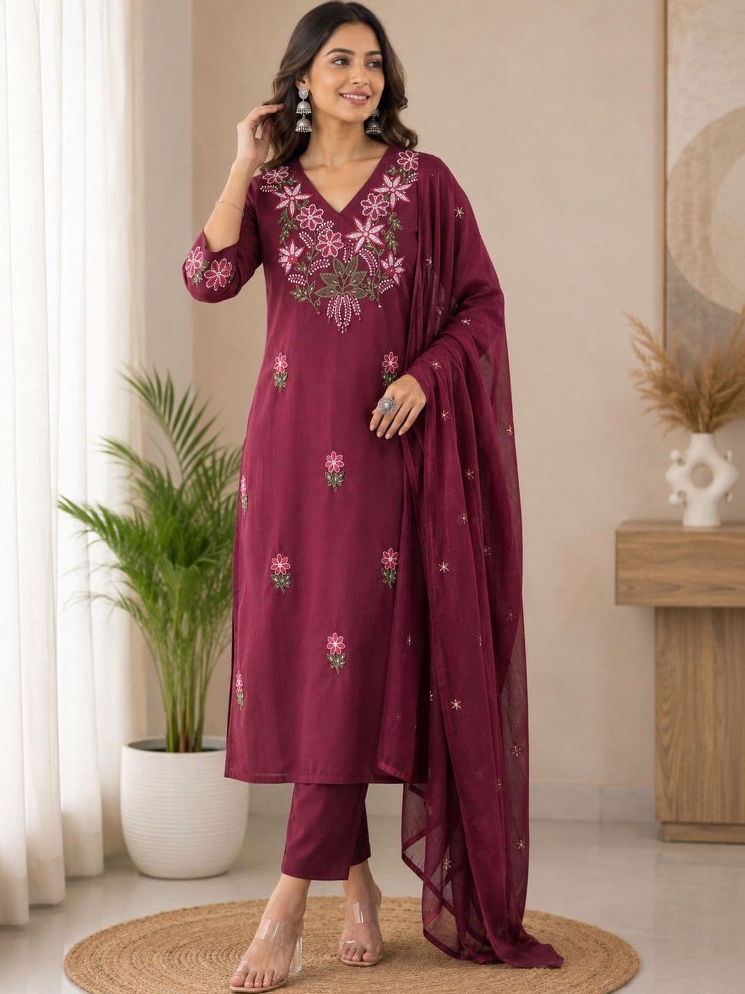 Sangria Women Floral Embroidered Regular Thread Work Pure Cotton Kurta with Trousers & With Dupatta - view 1