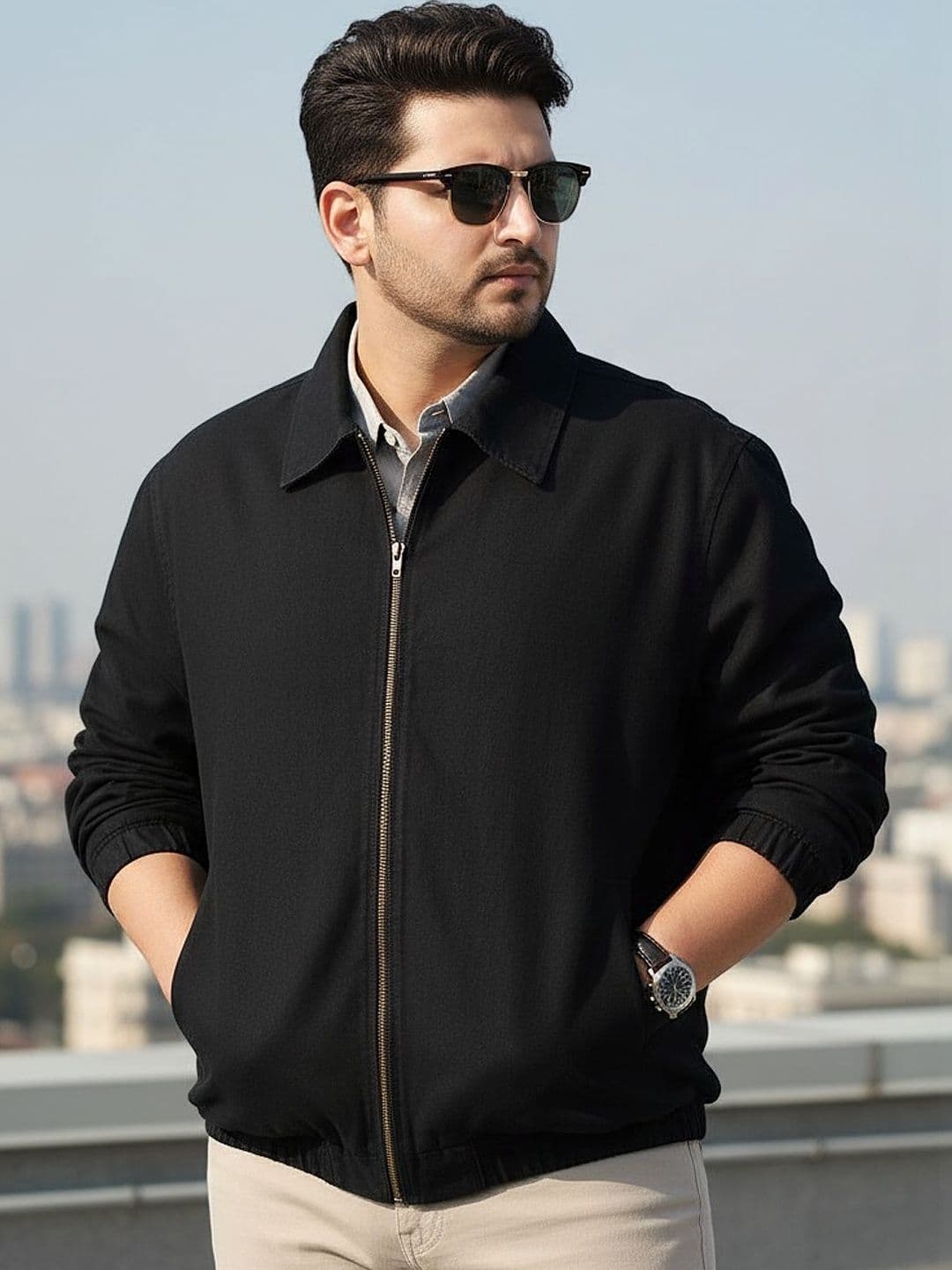 Urbano Plus Men Plus Size Black Relaxed Fit Full Sleeve Harrington Denim Jacket - view 1