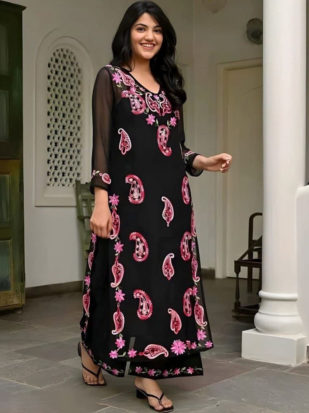Moda Rapido Women Paisley Embroidered Regular Thread Work Silk Georgette Kurta with Palazzos - view 1