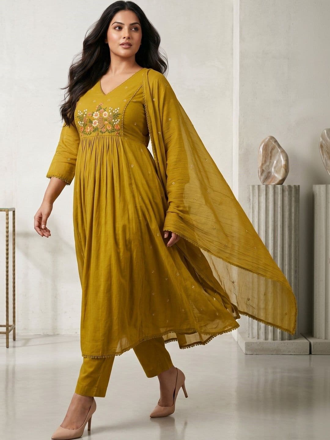 HERE&NOW Women Floral Embroidered Tiered Thread Work Kurta with Trousers & With Dupatta - view 1