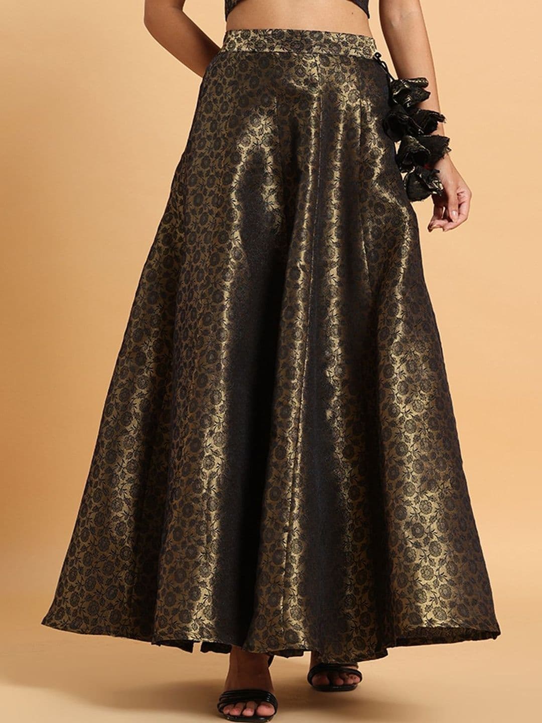 Frolic Rolic Women Pure Silk Jacquard Floral Maxi A-Line Skirt - view 1