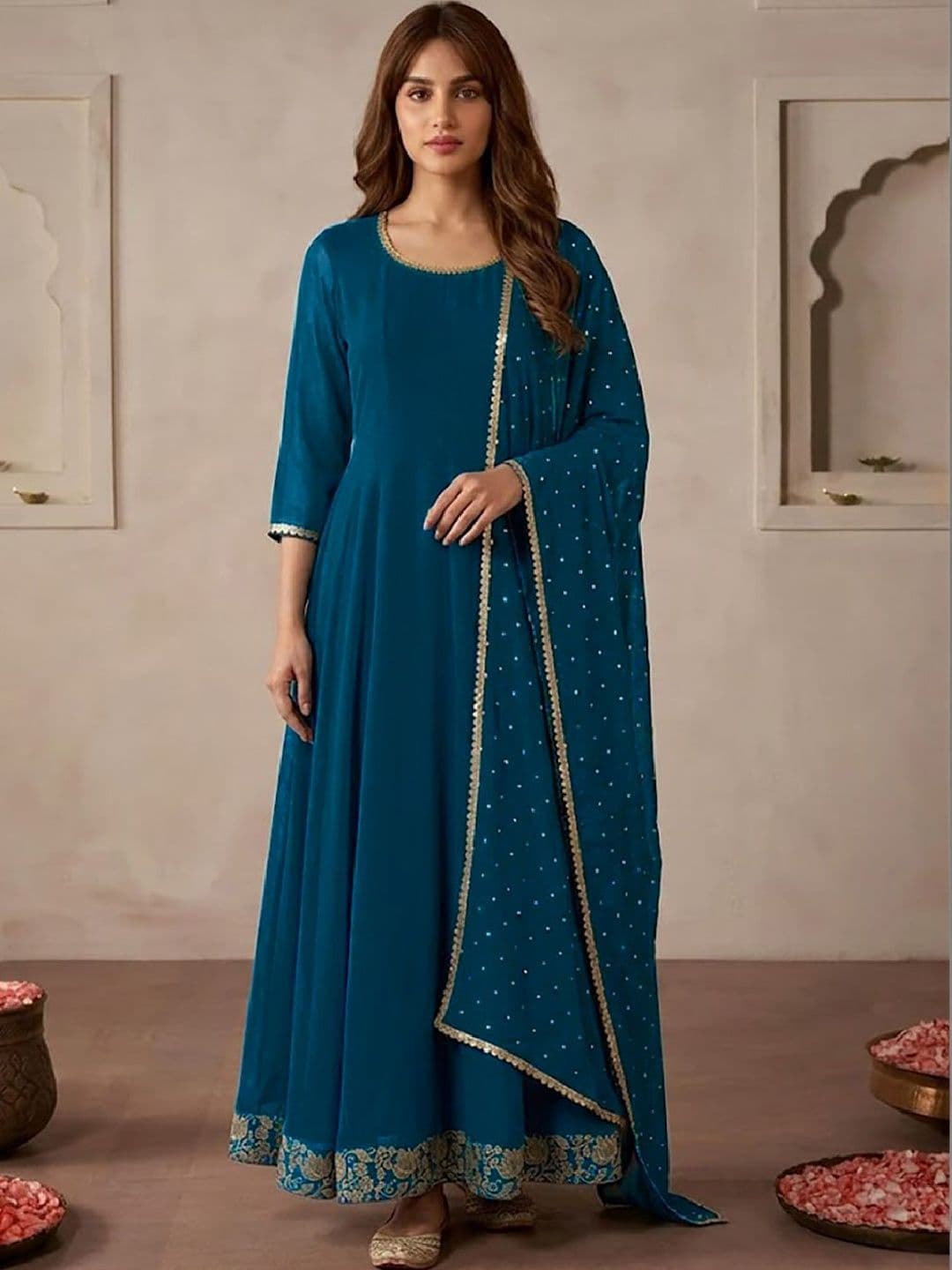 Sangria Embroidered Round Neck A-Line Ethnic Dresses - view 1