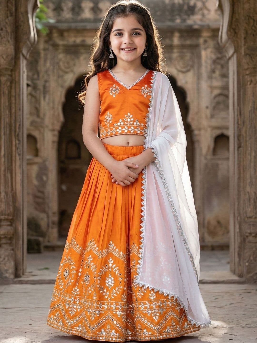 KALINI Girls Embellished Mirror Work Ready to Wear Lehenga & Blouse With Dupatta - view 1