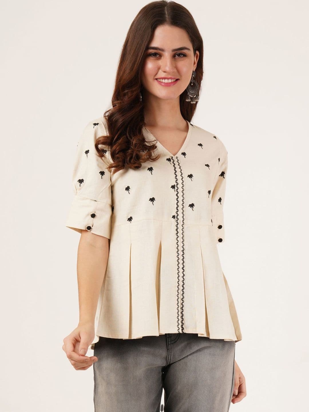 Sangria Botanical Printed V-Neck Pure Cotton Blend Kurti - view 1