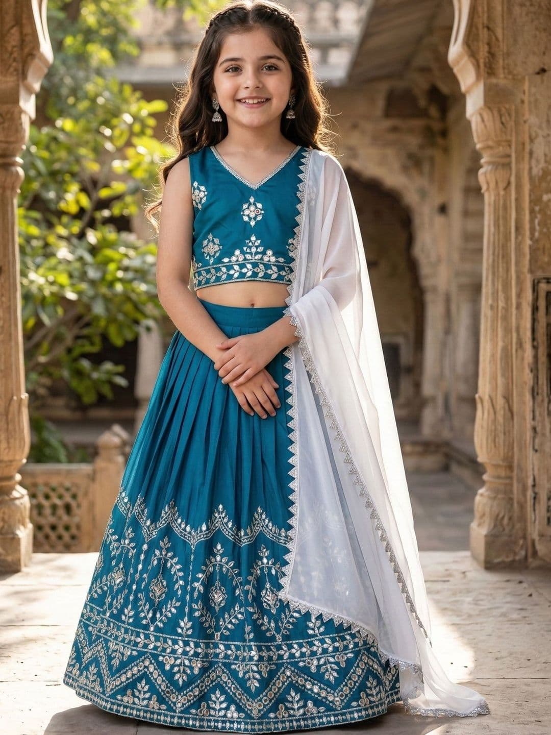 KALINI Girls Embellished Mirror Work Ready to Wear Lehenga & Blouse With Dupatta - view 1