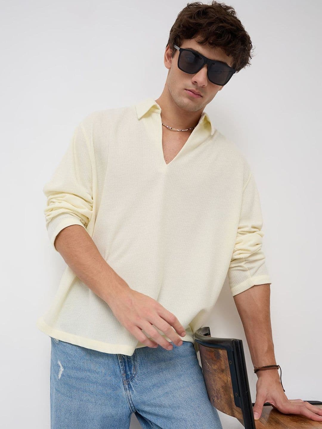VASTRADO Butter Yellow Micro Weave Knitted Oversized Polo Shirt - view 1