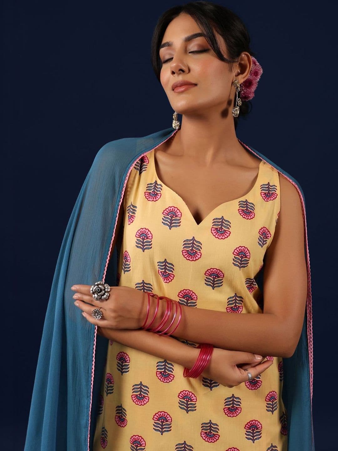 anayna Women Floral Printed Regular Pure Cotton Kurti with Patiala & With Dupatta - view 1