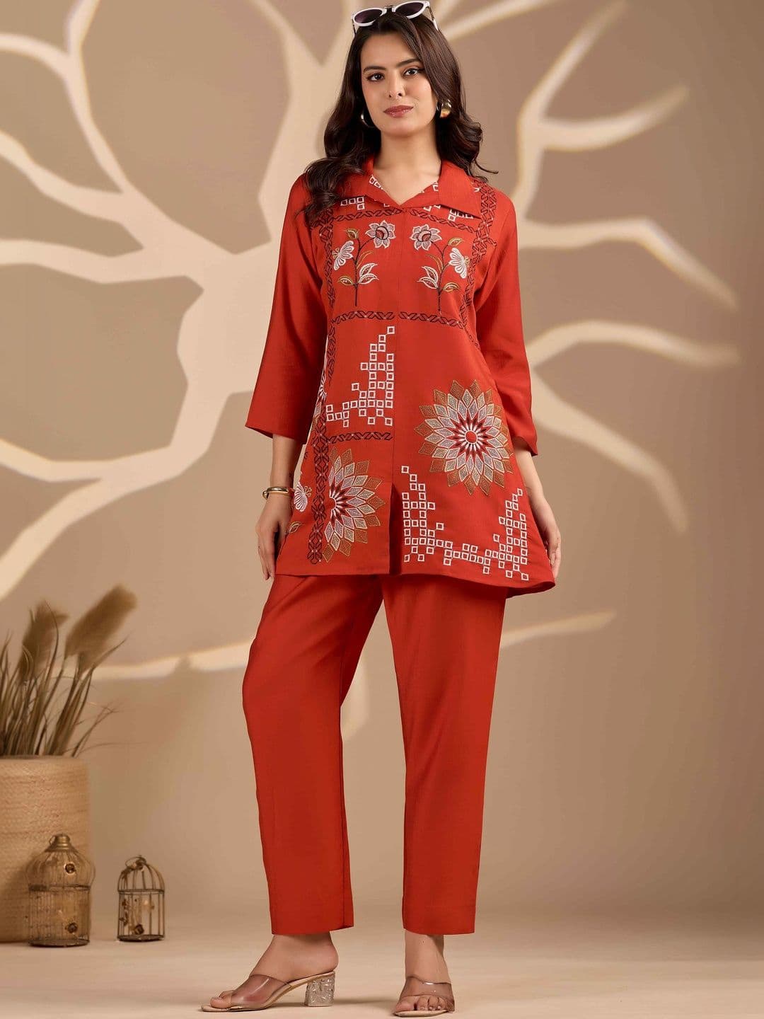 Sangria Floral Embroidered Tunic with Trousers - view 1