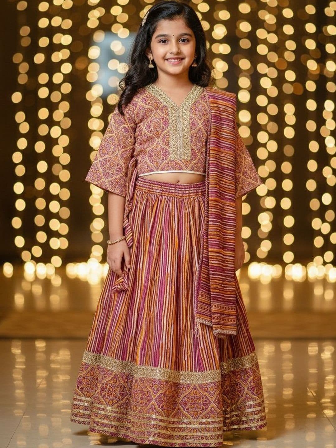 Rangi Saga Girls Printed Block Print Ready to Wear Lehenga & Blouse With Dupatta - view 1