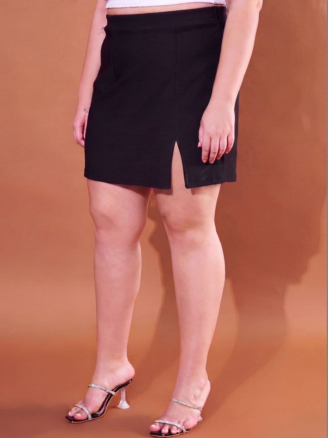 Purple Feather Women Self Design Front Slit Mini Straight Skirt - view 1