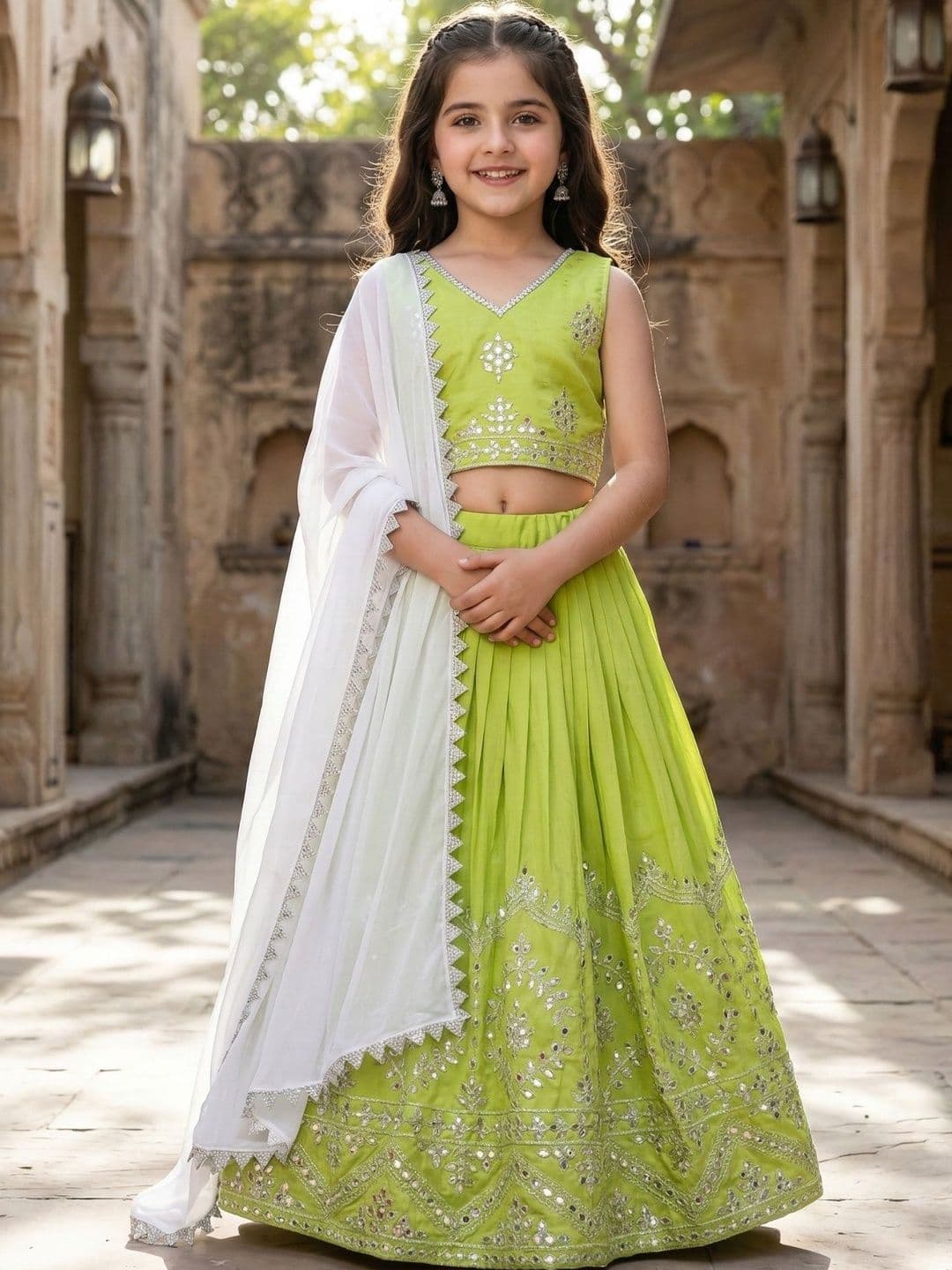 KALINI Girls Embellished Mirror Work Semi-Stitched Lehenga & Blouse With Dupatta - view 1