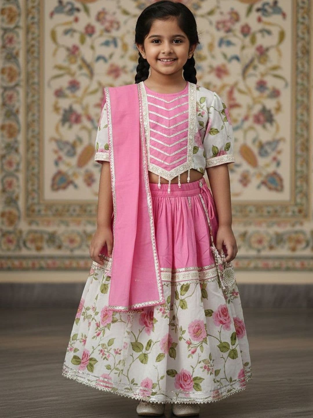 Rangi Saga Girls Block Print Semi-Stitched Lehenga & Blouse With Dupatta - view 1
