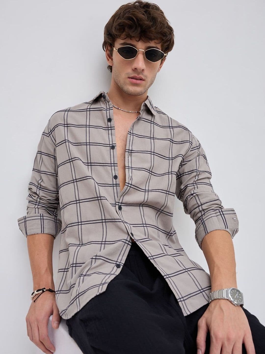 VASTRADO Grey Dimensional Contrast Windowpane Checks Shirt - view 1