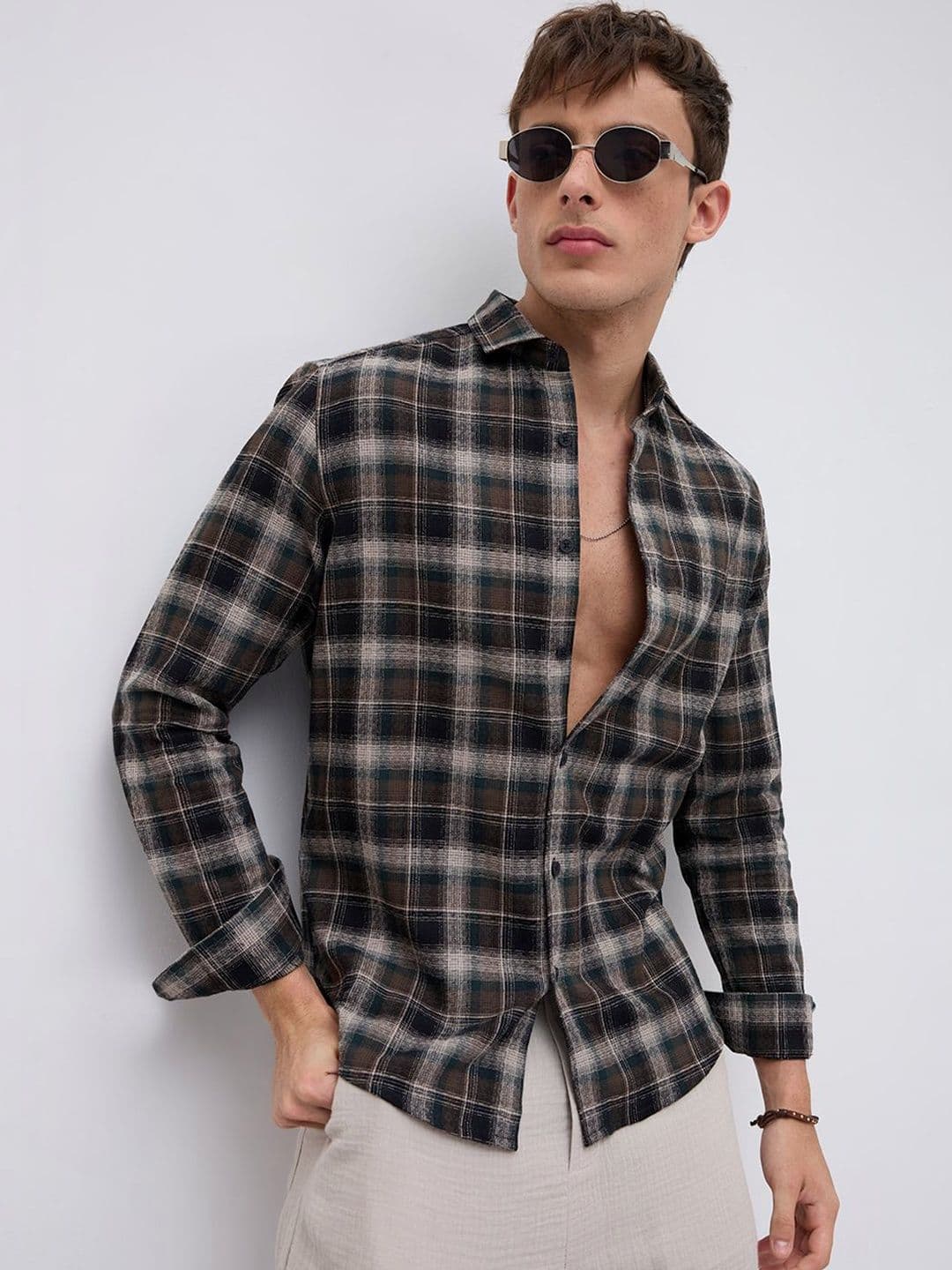 VASTRADO Intricate Cocoa Black & Khaki Checks Shirt - view 1
