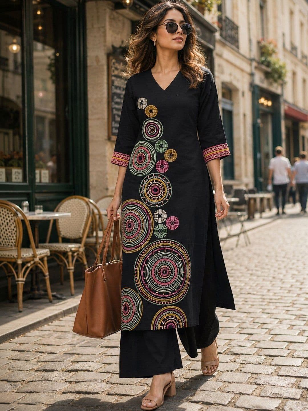 Berrylicious Women Embroidered Thread Work Pure Cotton Kurta with Palazzos - view 1