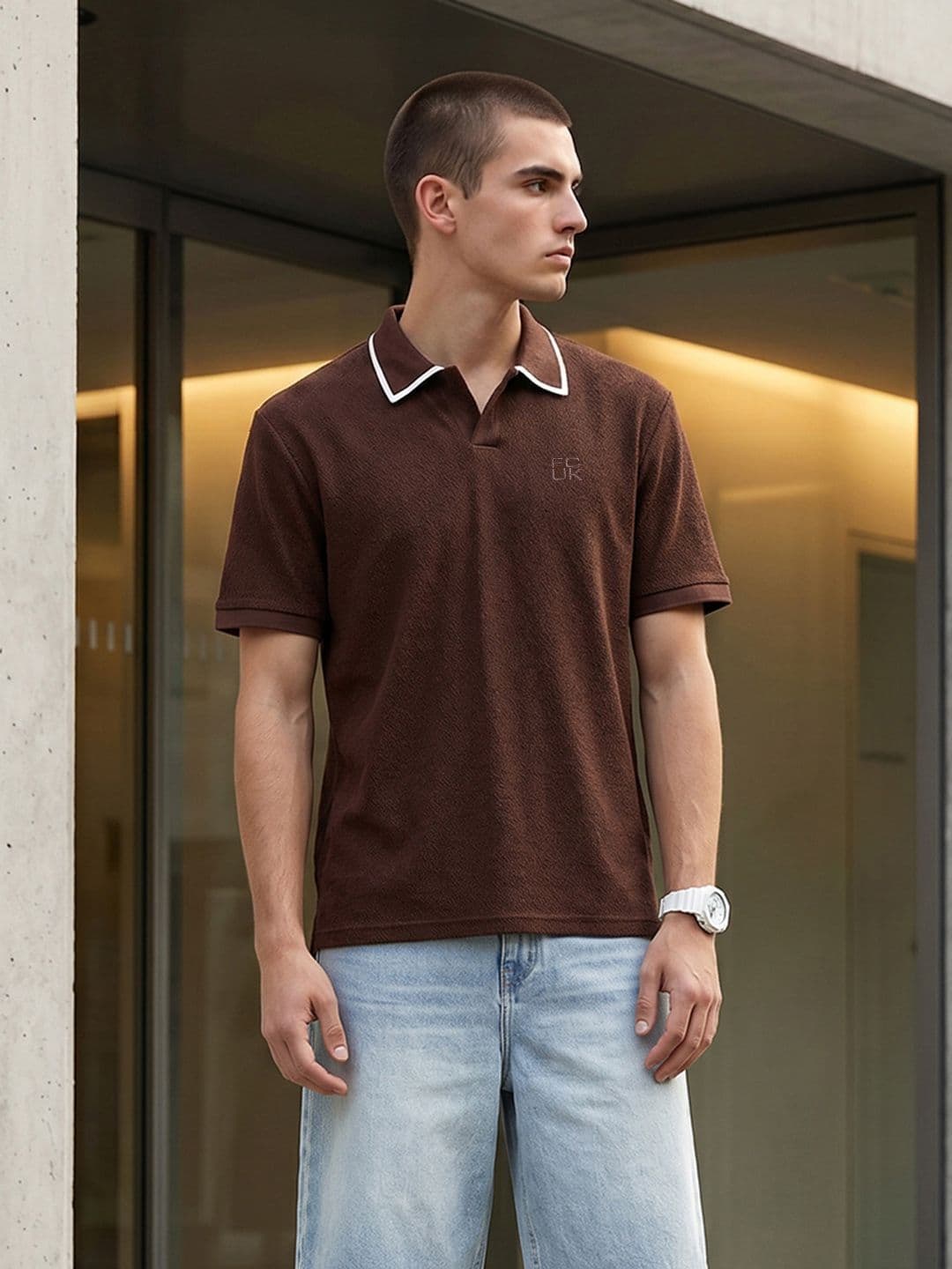 FCUK Relaxed Fit Self Design Polo Collar T-shirt - view 1
