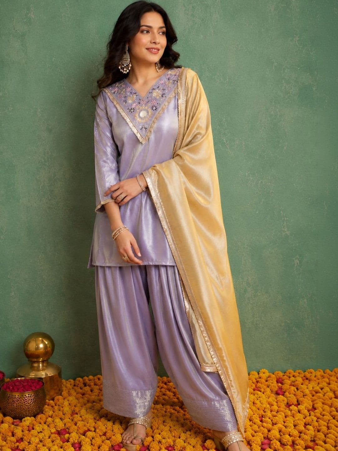 MOKOSH Women Silk Embroidered Mirror work Kurti and Farsi Pant Set with Dupatta - view 1