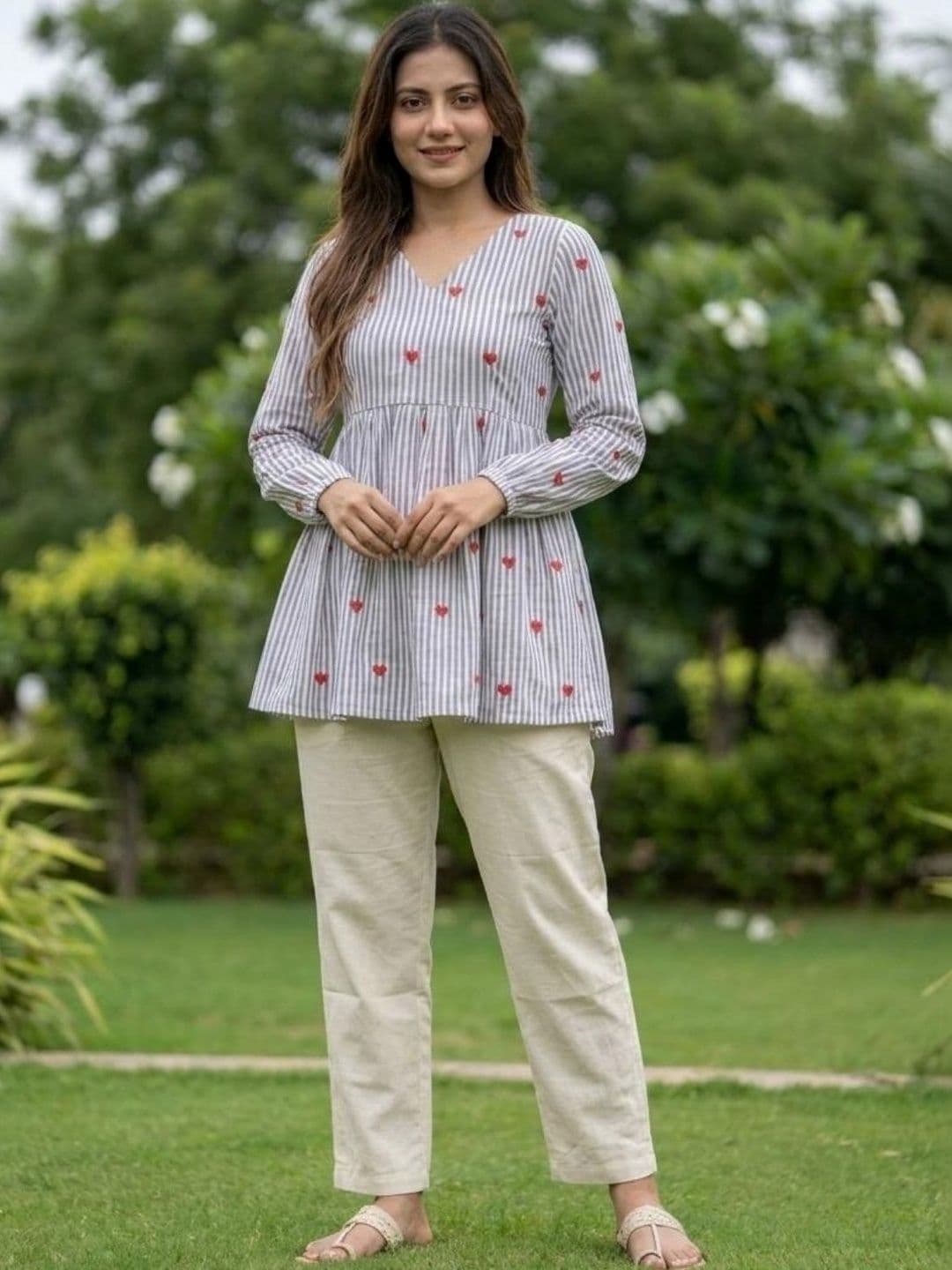 ODETTE Blue Floral Printed V-Neck Tunic With Trousers Cotton Co-Ord Set - view 1